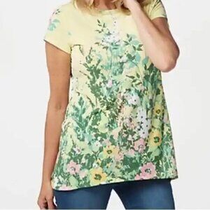 EUC Susan Graver Printed Liquid Knit Cap Sleeve Hi-Low Hem Top